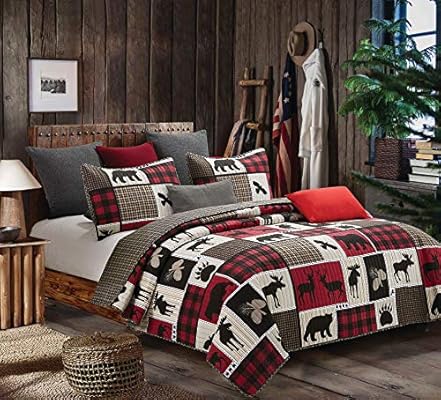 Virah Bella Lodge Life 3pc King Quilt Set Black Bear Paw Moose