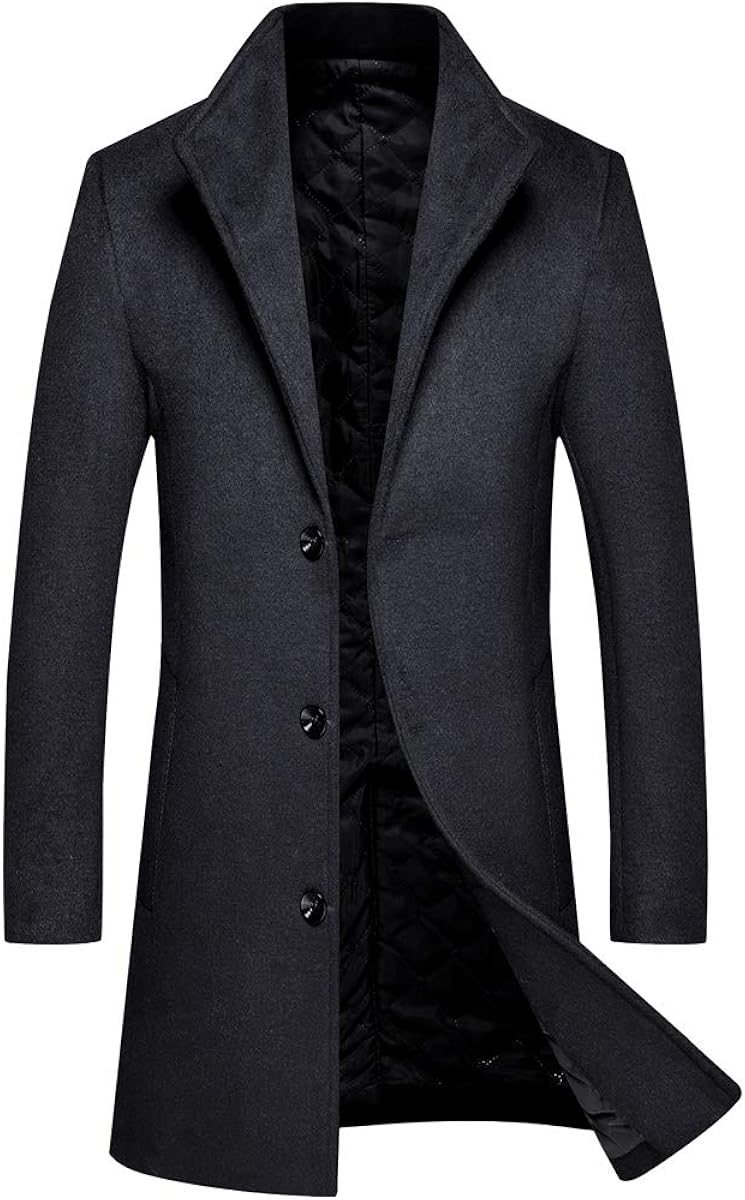 Cloudstyle Mens Trench Coat Wool Blend Mid Long Topcoat Slim Fit Stand ...