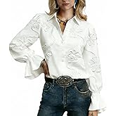 CHERRYBETTY Women's White Floral Embroidery Blouse Ruffled Cuff Boho Shirt Long Sleeve Button-Down Top