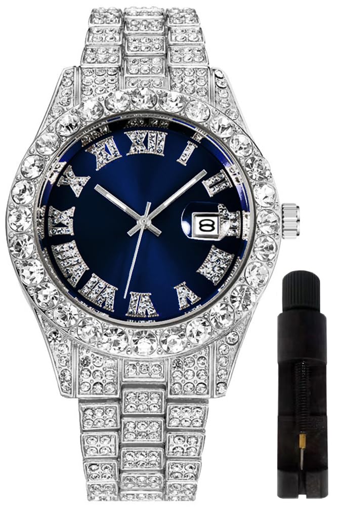 HUNRUY Hip Hop Watches for Men Iced-Out Bling Diamond Luxury Quartz Watches with Date
