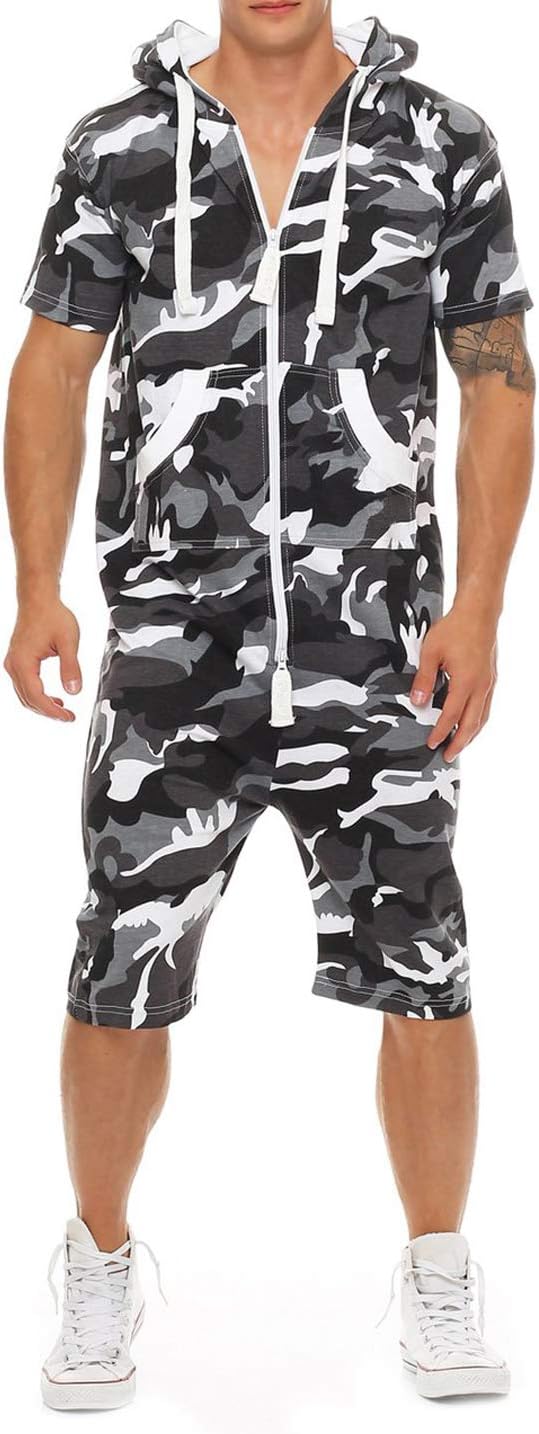 Mens Rompers Jumpsuits Shortsleeve One Piece Drawstring Hooded Tracksuits Casual Coverall Playsuits with Pockets