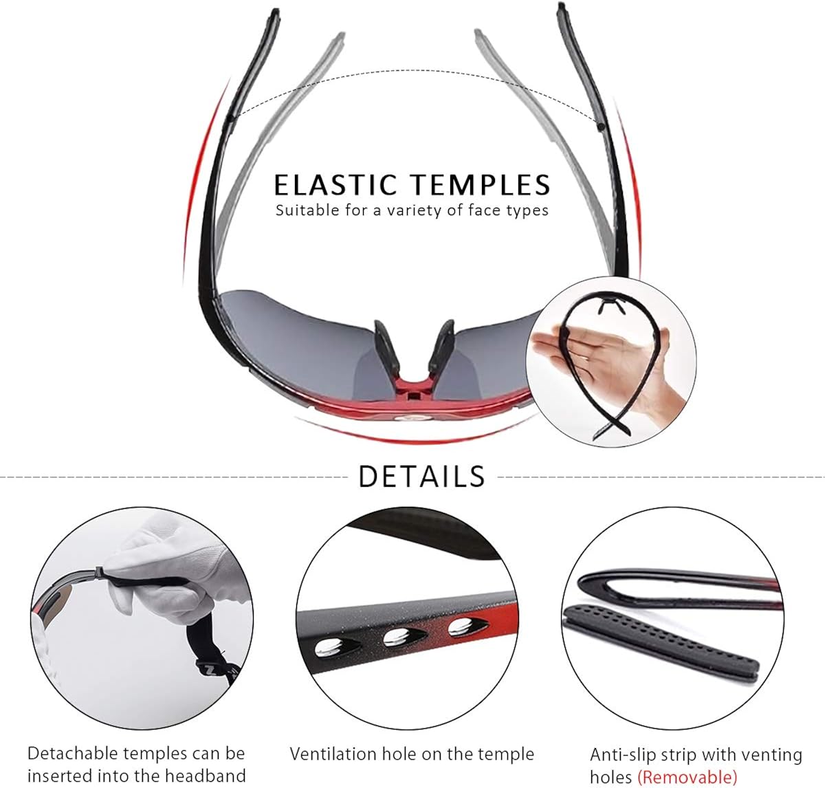 LumiSyne Polarized Sports Sunglasses Cycling Glasses with 5 Interchangeable Lenses Ultralight Semi-Rimless Frame with Sunglasses Strap UV400 Goggle for Ski Driving Golf Running Cycling(Black) - Image 5