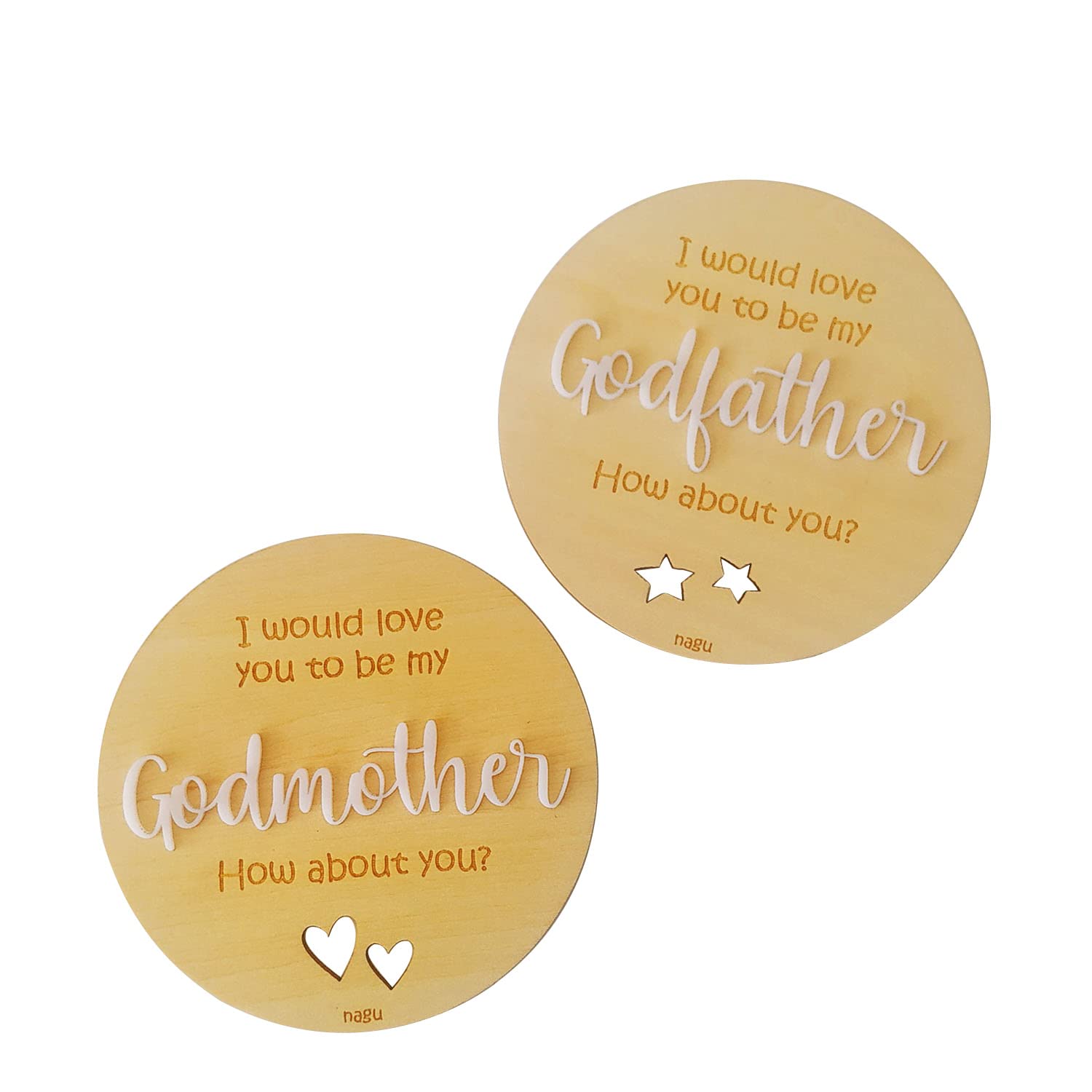 nagu® EN - Will You Be my Godmother? Will You Be my Godfather? | Two 10 cm Diameter Wooden Pregnancy Announcement Cards | Will You Be my Godmother Gifts | God Mothers Gifts | Mother to Be Gifts