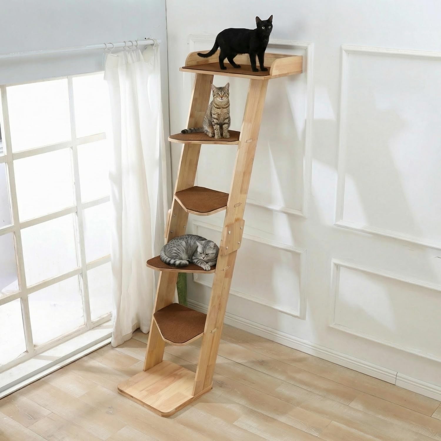 Condition photo showing New/Like New for shengocase modern 70" tall natural wood 6 level leaning cat climbing ladder tree tower with large pe