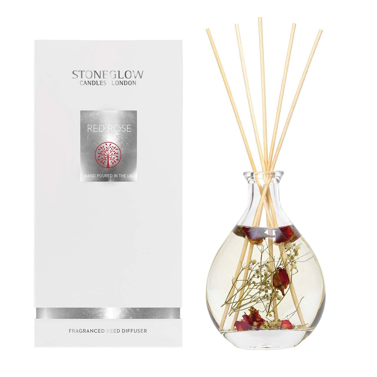 Stoneglow Nature's Gift Red Rose Scented Reed Diffuser 180ml, Lasts 14 Weeks, 12 Rattan Reed Diffuser Sticks, Refillable & Reusable, Premium Air Freshener, Rose, Geranium & Musk Notes