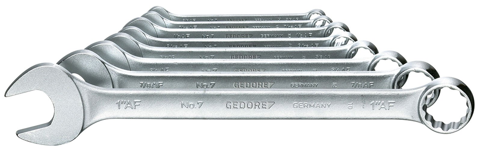 GEDORE Combination Spanner Set, 8 Pieces, SW 3/8-1 Inch, 15° Angled, 12-Point, UD Profile, Spanner Set, 7-08A