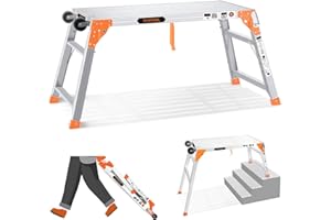 SHANTRA Multifunctional & Adjustable Work Platform with Wheels, 330 lbs Capacity, 24 to 35 inches Step Ladder, Aluminum Folding Scaffolding Ladder, Heavy Duty Portable Bench Ladder Stool with Non-Slip Feet