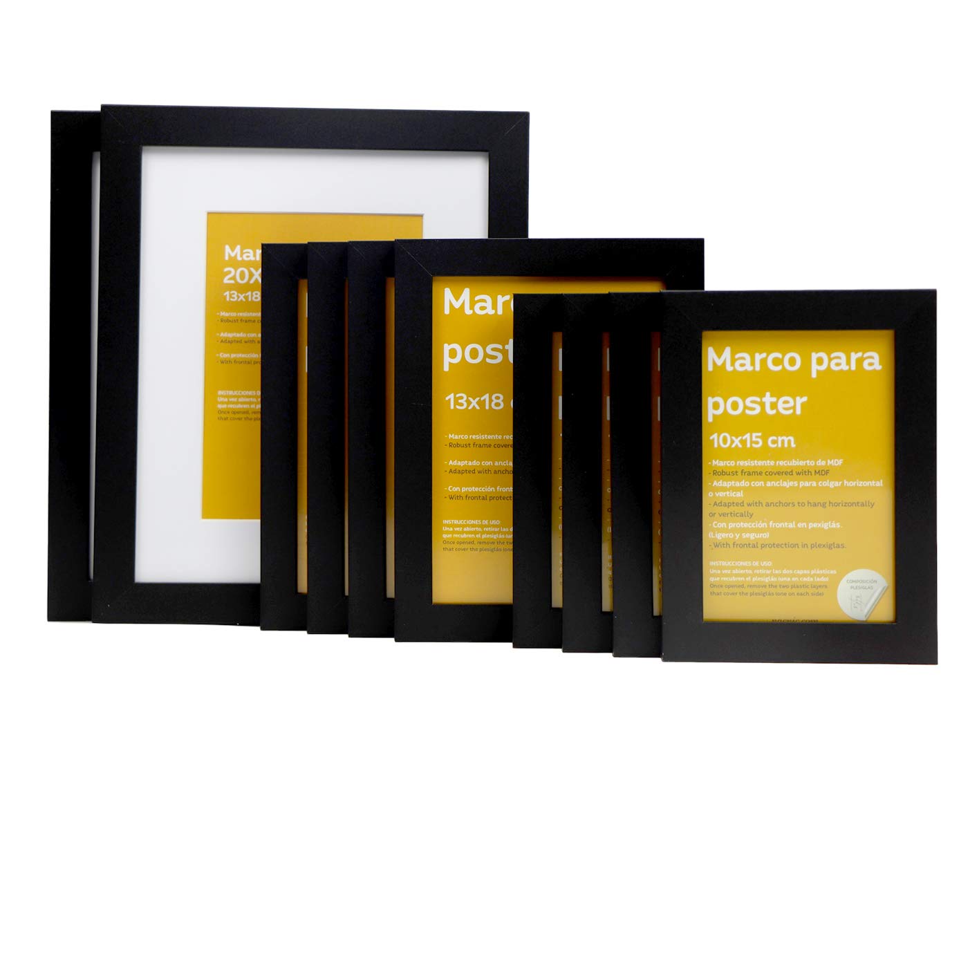 Nacnic Set of 10 classic photo frames to protect and display photos, diplomas, drawings, posters... 2 frames 20x25, 4 frames 13x18 and 4 frames 10x15 in black