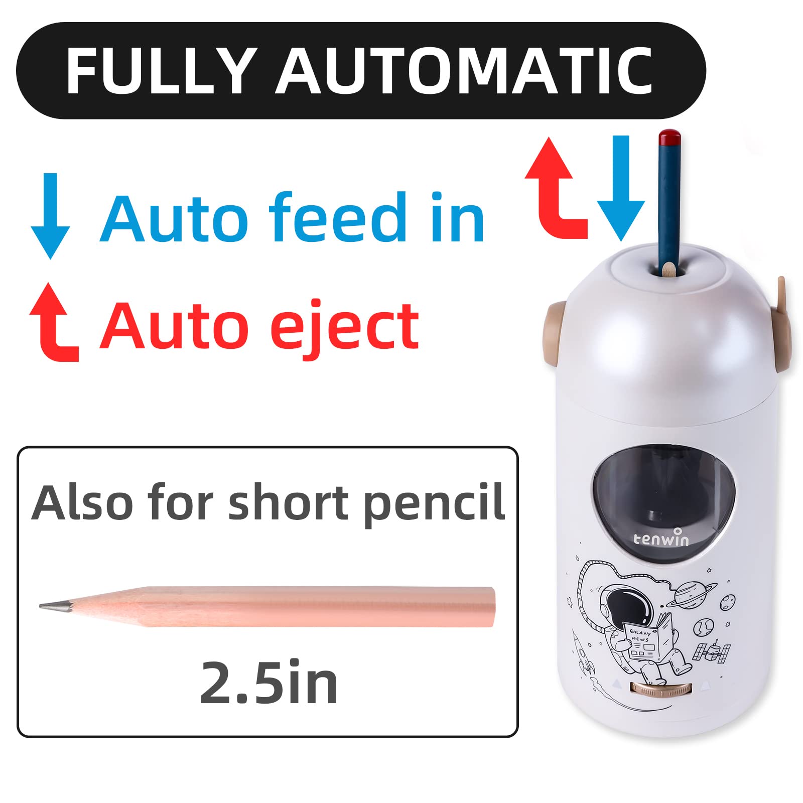 Rechargeable Electric Pencil Sharpener, Fully Automatic Pencil Sharpener for 7-11.5mm Pencils, Hands-Free Sharpener for Colored Pencils, Auto in&Out, Adjustable Pencil Nibs (Silver)
