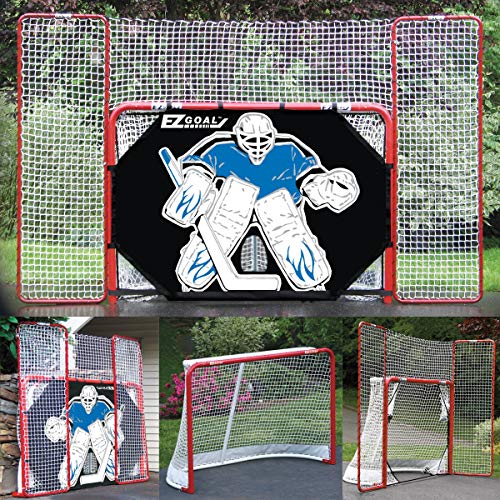 EZ Goal 2 in. Folding Steel Hockey Goal with Backstop - Shooter Tutor & Targets - On Goal Net) (Renewed)