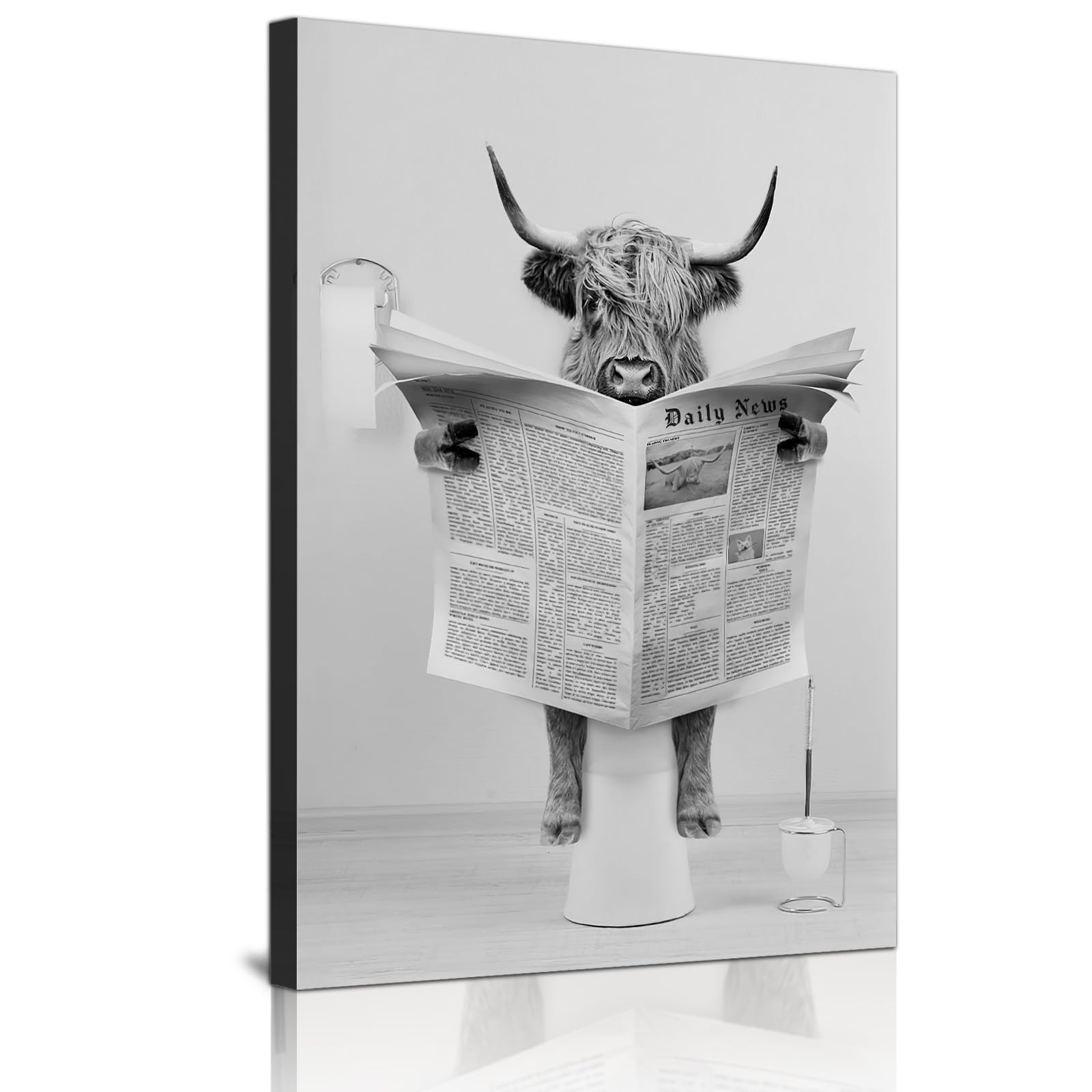 ZFTCN Funny Newspaper Animal Wall Art, Animal Wall Pictures on Toilets, Black and White, Bathroom Bedroom Decoration, Frameless (Highland Cattle, 30 x 40 cm)