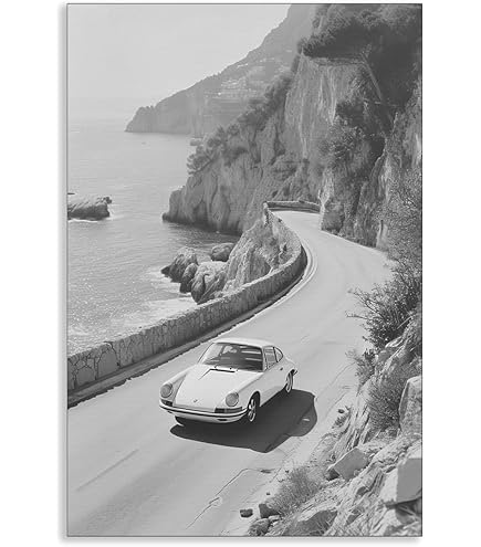 Amazon.com: Skier Jumping Over Vintage Porsche Black and White