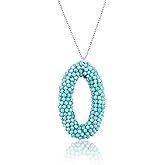 CRYSTALIS Natural Larimar Pectolite Beads Pendant Necklace, Micro Beaded Crochet Hoop Oval Shape Framed Crystals, Chakra Healing Gemstone, Women Jewelry, 925 Sterling Silver 18 inch