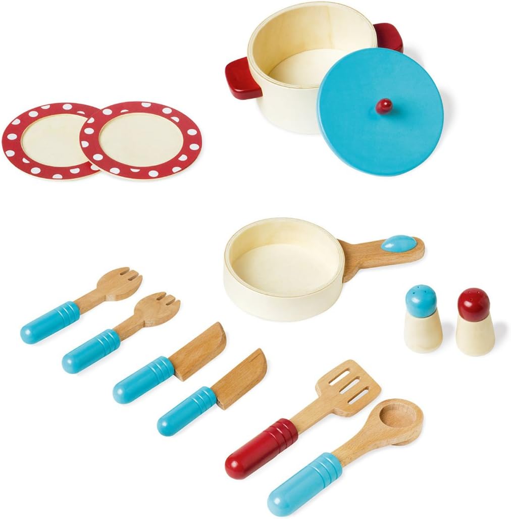 KIDS TOYLAND Play Kitchen Starter Accessories Wooden Pots and Pans Play Toy Sets for Kids (13pcs)