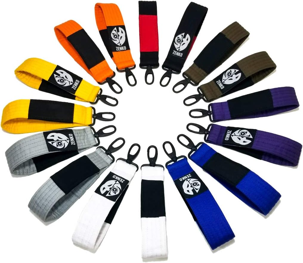 ZENKO FIGHTWEAR BJJ Belt Rank Keychains Ranked Jiu Jitsu Key Chain Lanyard Martial Arts Belt Lanyards Adult & Youth Kids Colors
