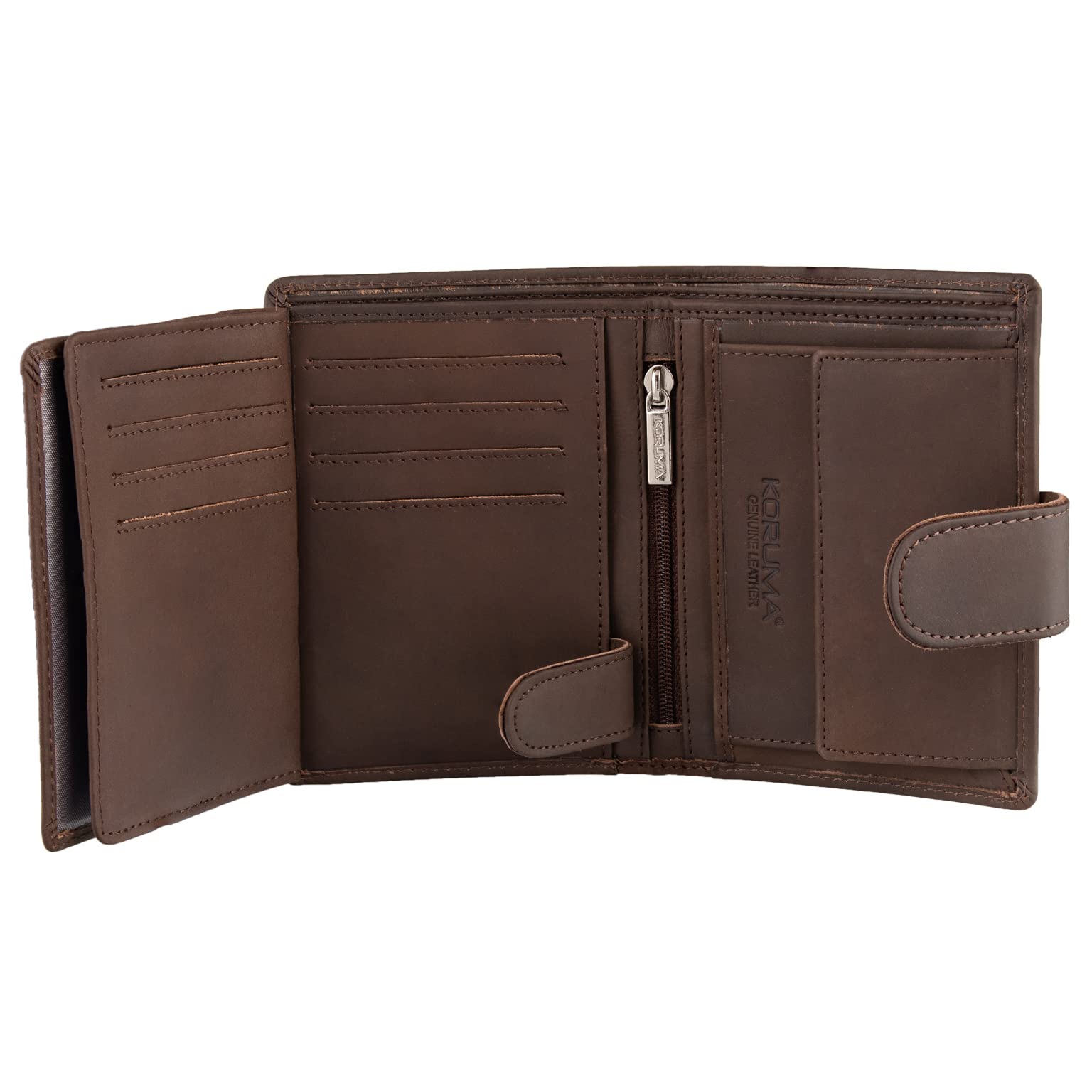 KORUMA Mens Premium Genuine Leather Bifold Wallet Smart Credit Card Blocker and Coin Pocket with RFID Certified – Hunter Brown 3-in-1 Wallet