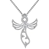 JiaYangJY Little Guardian Angel Necklace 925 Sterling Silver with Heart Birthstone Angel Wing Pendant Unique Gifts for Her