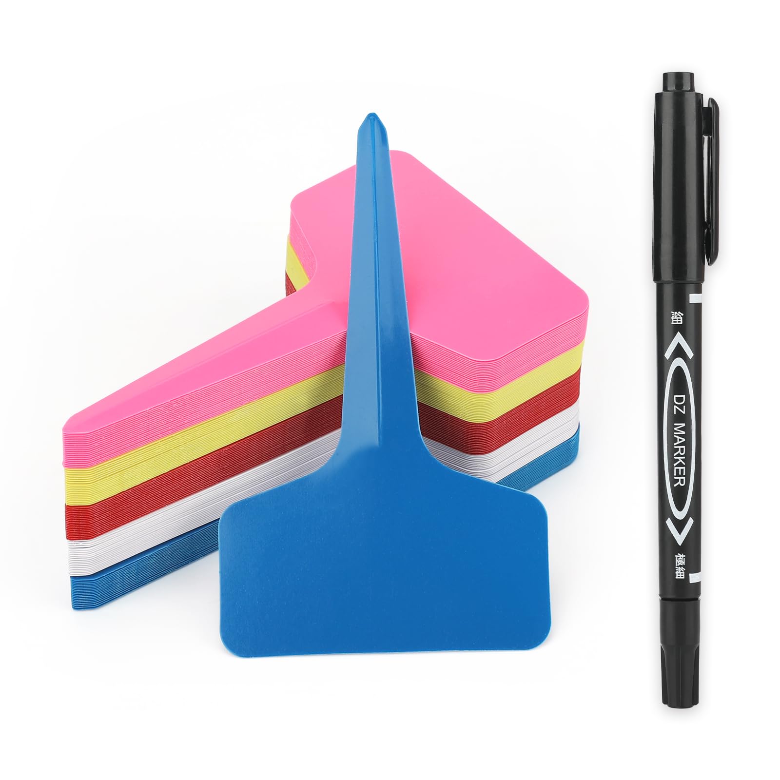 KINGLAKE Plant Labels and Pen for Outdoor Plants, 100Pcs Plant Markers & Labels Coloured Plastic Garden Plant Tags for Seed, Herb, Seedling, Vegetables, Flower, Potted Plant, T-Type, 6x10cm