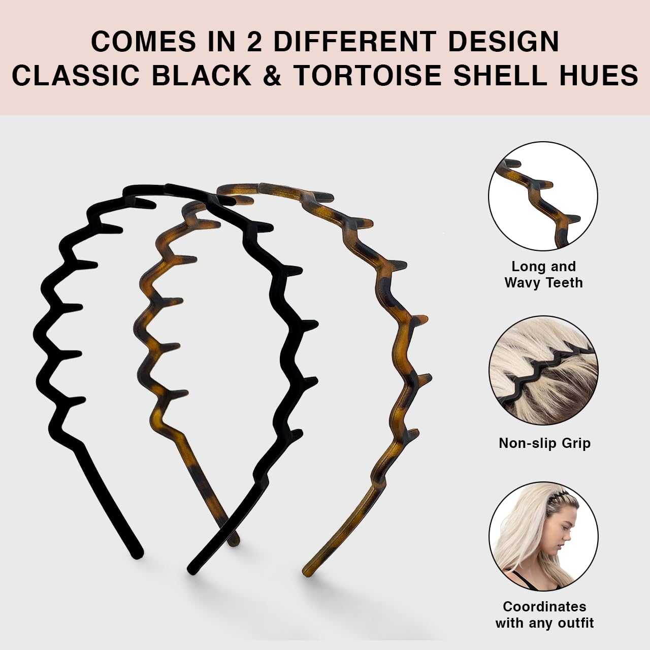 Kitsch Zig Zag Headbands, Recycled Plastic Wavy Hair Band with Teeth, Headband for Women and Men, Classic 90s Hair Accessories, 2pcs (Black and Brown) - Image 3