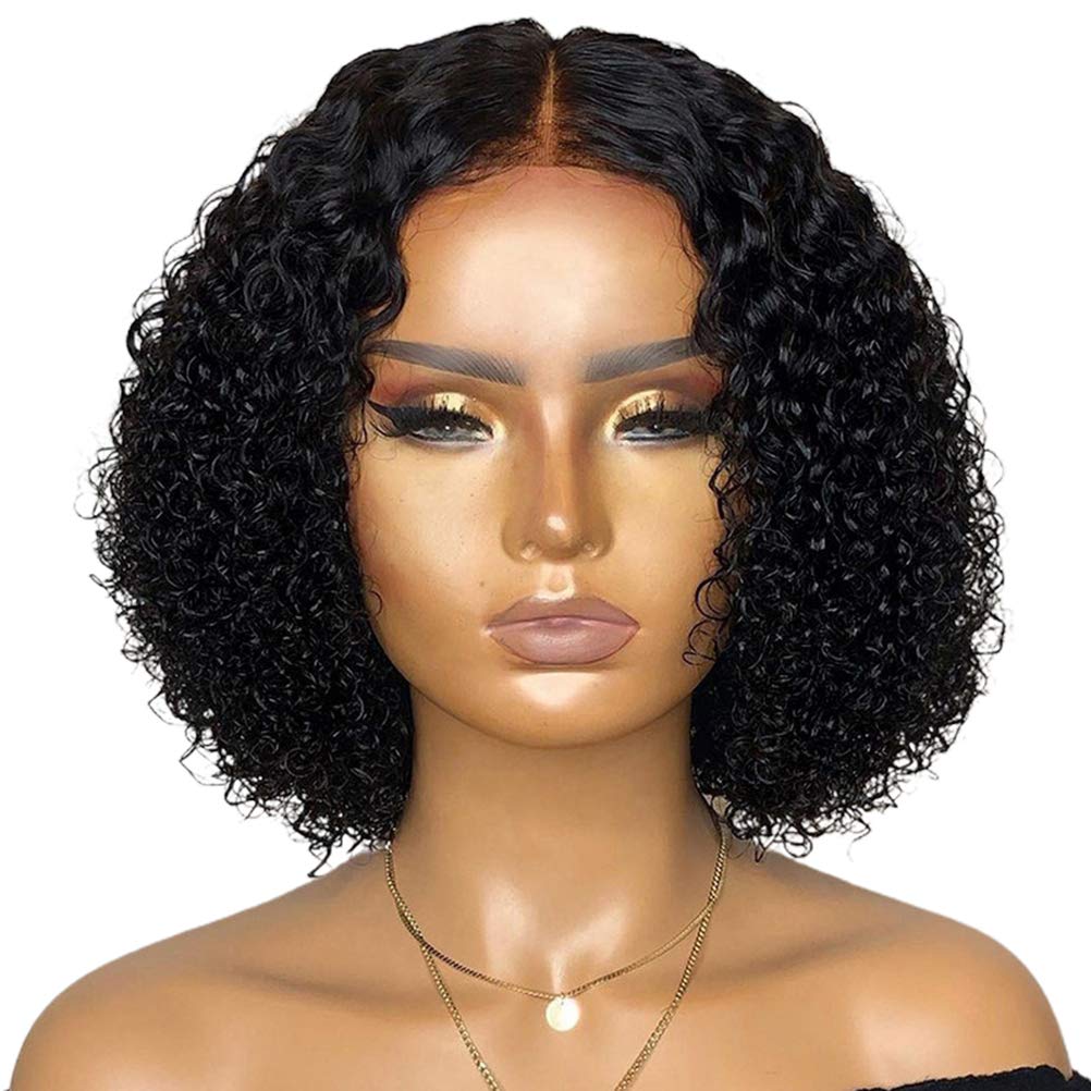Lwuey Short Curly Bob Wig, Synthetic Hair Lace Frontal Wave Density Wigs Black Women Front HD Glueless Wig Pre Plucked Cut Closure Hairline Undetectable Real Brazilian Virgin Headband Natural (Black)
