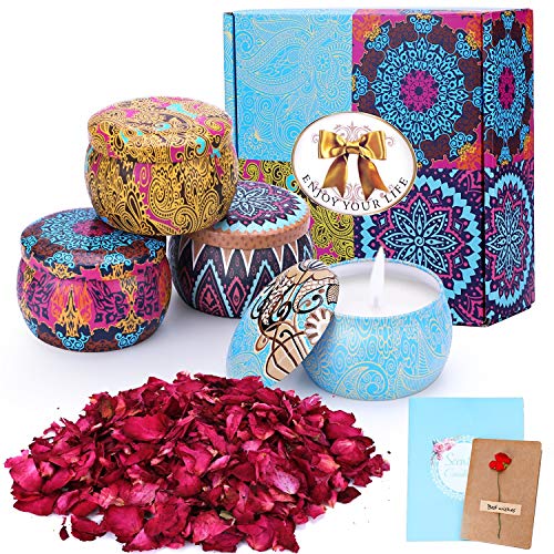 Konsait Scented Candles Gift Set, 4pcs 120 Hours Burning Time Travel Tin Aromatherapy Candles, Soy Wax Natural Rose Lemon Lavender Fig Fragrances Candles Gifts for Women Her Birthday, Valentine’s Day