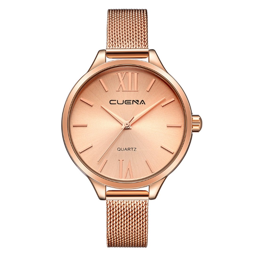 CUENA Women Classic Quartz Watch, Roman Numeral Business Casual Wrist Watch Waterproof 30M, with 33mm Dial Face Three-hand Movement Slim Mesh Band (Rose Gold)