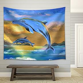 Dolphin in The Sea Oil Painting on Canvas - Fabric Wall Tapestry Home Decor - 51x60 inches