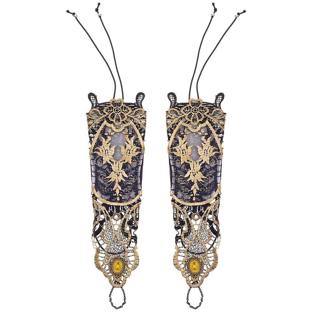 GORGECRAFT 2Pcs Bronzing Fingerless Gloves Women Vintage Gothic Floral Lace Steampunk Long Wristband Gold Black Beaded Handmade Gloves Bridal Bracelet Ring Mesh Cuff for Prom Halloween Cosplay