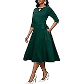 CLOCOR Midi Dresses for Women Casual A-Line Fit and Flare Dress Crewneck 3/4 Sleeve Keyhole Cocktail Party Church Dress