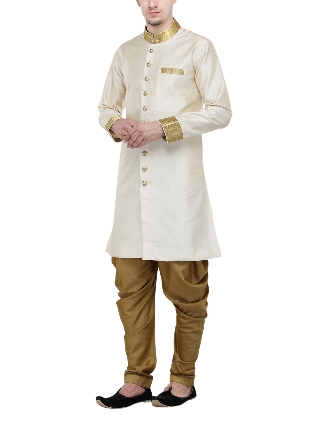 rg designers cream and gold plain sherwani for men