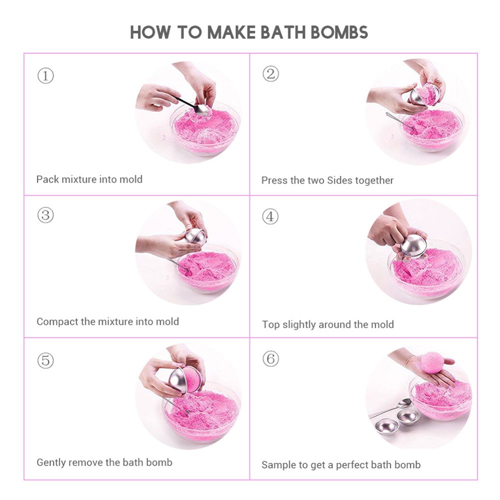 Bath Bomb Mold，5 Sizes 10 Pieces Metal Bath Bomb Mold Kit(2 Hemispheres, 2 Starfish, 2 Heart, 2 Shell, 2 Petal) with 5 Spoons for Bath Bomb Making, Handmade Cakes and Crafts