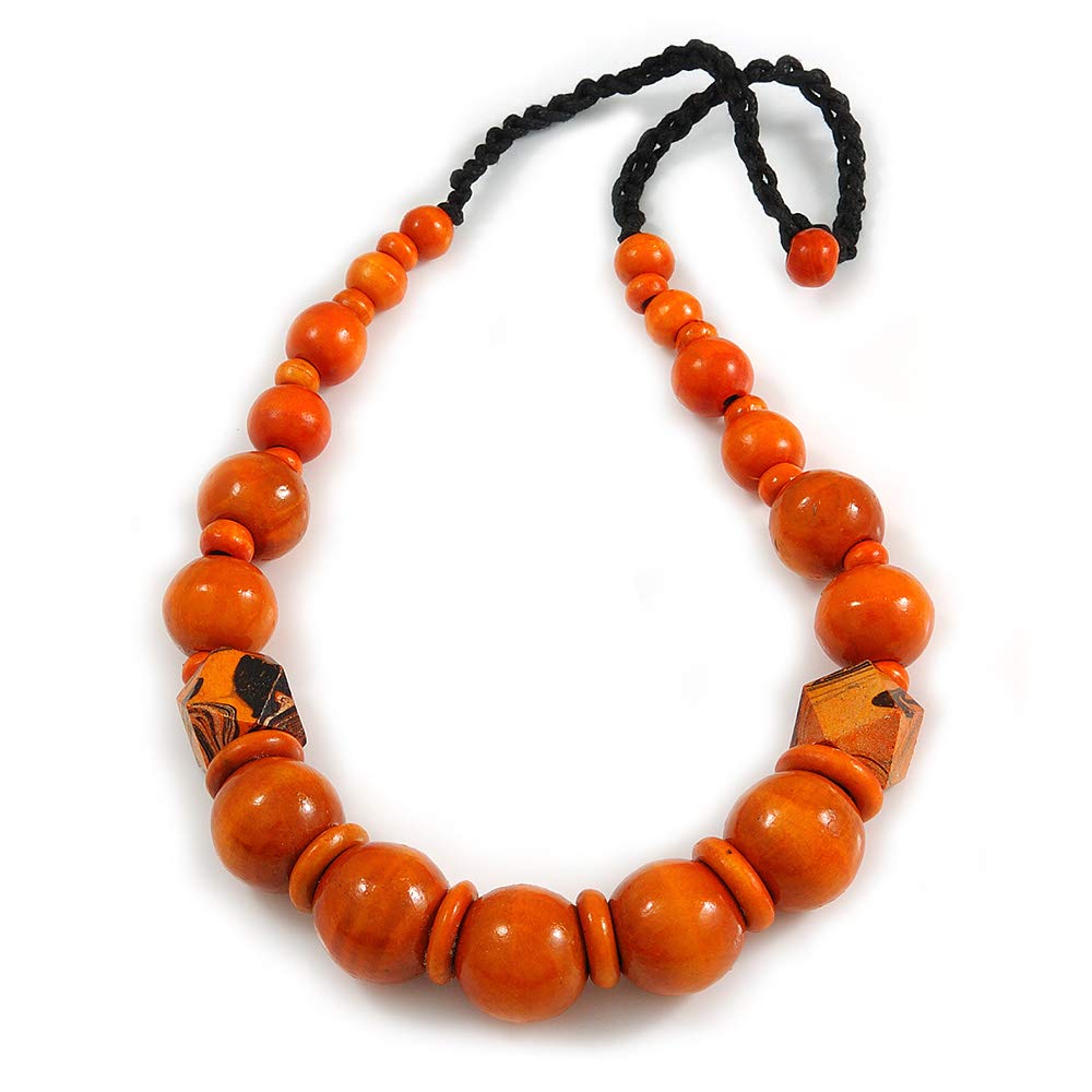 Avalaya Chunky Orange Wood Bead with Black Cotton Cord Necklace - 64cm L