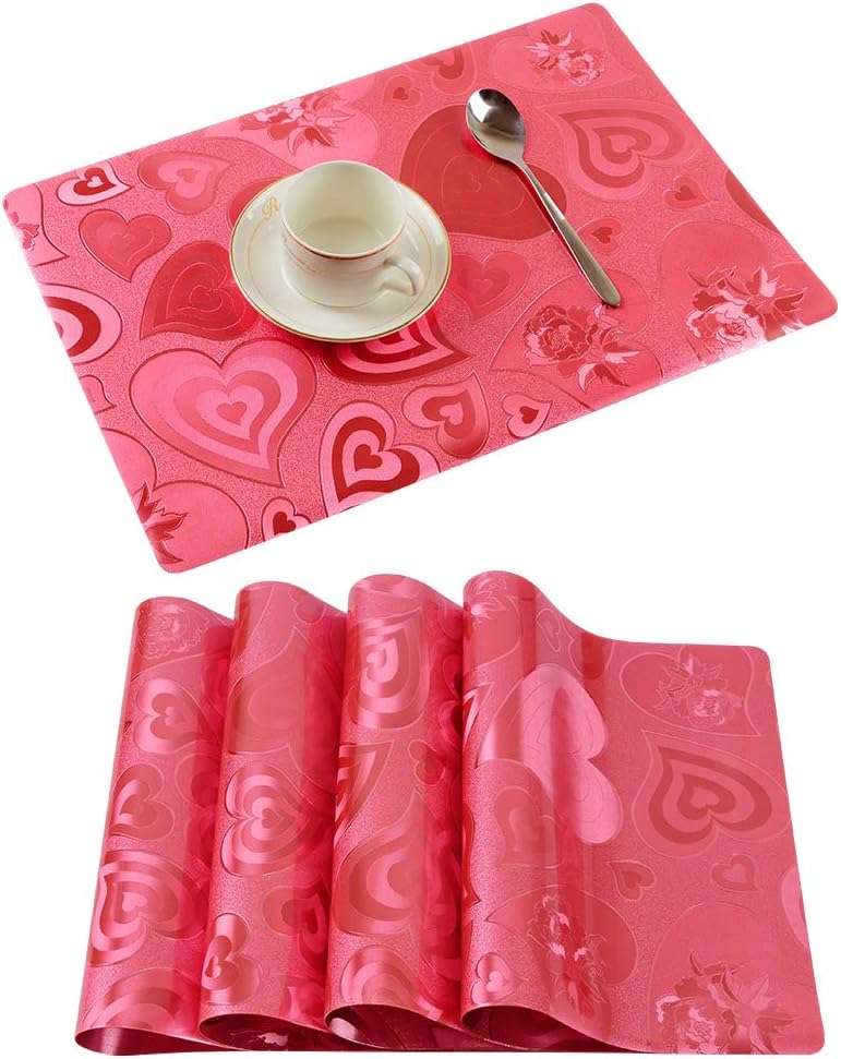 Ebow Set of 4 Washable Anti-Skid Placemats, Heart Design Heat-Resistant Placemats Stain Resistant Washable PVC Table Mats, Washable Place Mats, Kitchen Tablemats for Dining Tab (Heart: Red) …