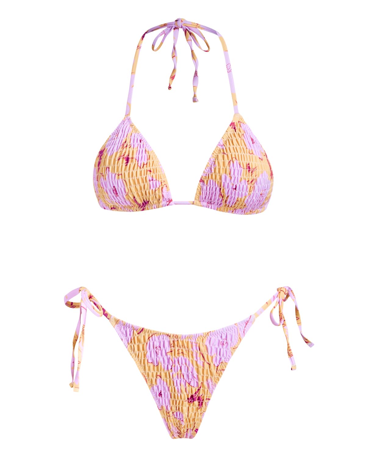 Photo 1 of VOLAFA Women's Triangle Bikini Set String Swimsuit Print Tie Smocked Ruched Two Piece Bathing Suit (Large, Purple3)