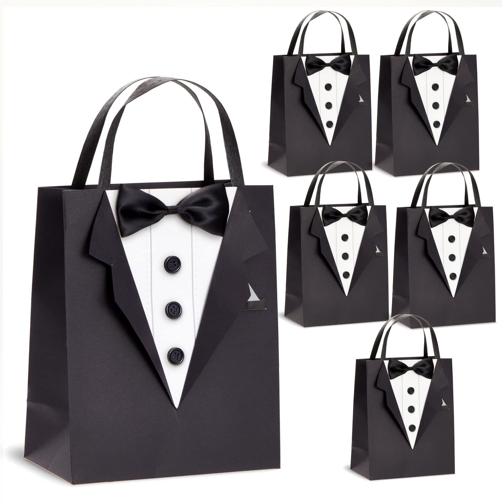 Photo 1 of Sparkle and Bash Groomsmen Gift Bags With 3D Tuxedo Design, Satin Bow Tie & Real Buttons - Black, 6 Pack, 8 x 4.5 x 10 In - Wedding & Bachelor Party - Tuxedo Gift Bags for Men