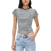 Y2k Baby Tees Crop Tops for Women Short Sleeve Fitted T Shirts Striped Patchwork Basic Cute Crewnecks 90s Going Out