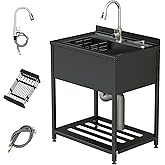 Stainless Steel Utility Sink, 30.8" × 22" × 39.5" Freestanding Sink with Cold and Hot Water Faucet,Hoses and Drain Kit for Ki