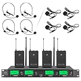 Wireless Microphone System Pro UHF 4 Channel 4 Lavalier Bodypacks 4 Lapel Mic 4 Headsets for Karaoke System Church Speaking Conference Wedding Party