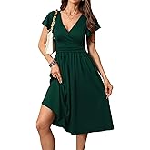 FZZOR Women's Spring Casual Ruffle Short Sleeve Wrap V-Neck A-Line Loose Fit Swing Party Work Midi Dress with Pockets
