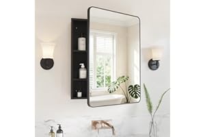 Yunnshee Yursa Medicine Cabinet Mirror 24x30 Inch, Black Bathroom Mirror Cabinet with Stepless Adjustable Shelves, Rounded Re