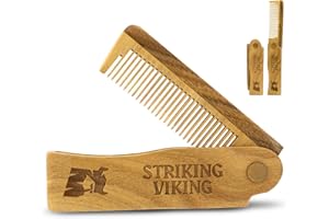 Striking Viking Folding Wooden Comb for Men - Sandalwood Switchblade Beard Comb for Grooming and Styling - Use Dry or With Oils & Balms