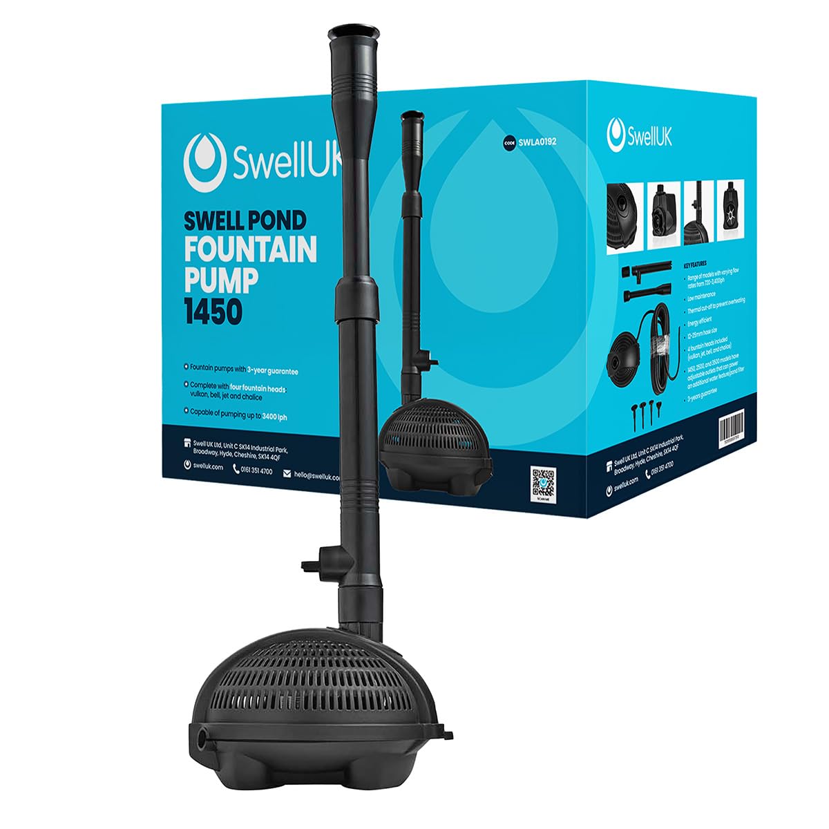 Swell Pond Fountain Pump 1450. Fully Submersible with Strainer Cage. 4 Spray Nozzle Head Attachments Included, for Outdoor Garden Decoration, and 3 Year Guarantee