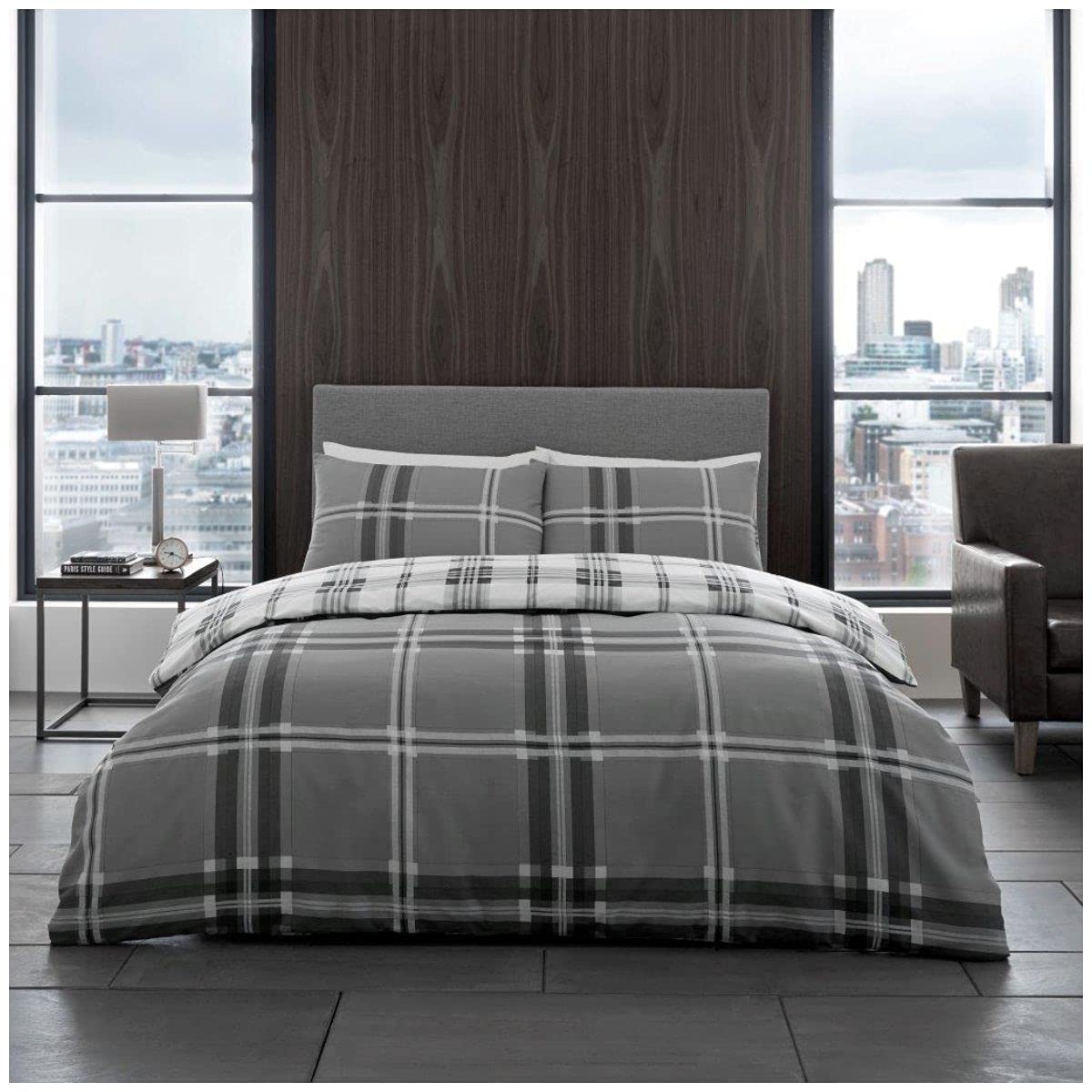 Reversible Check Bedding Set Easy Care Poly Cotton Wide Stripe Duvet Cover, Grey, Single