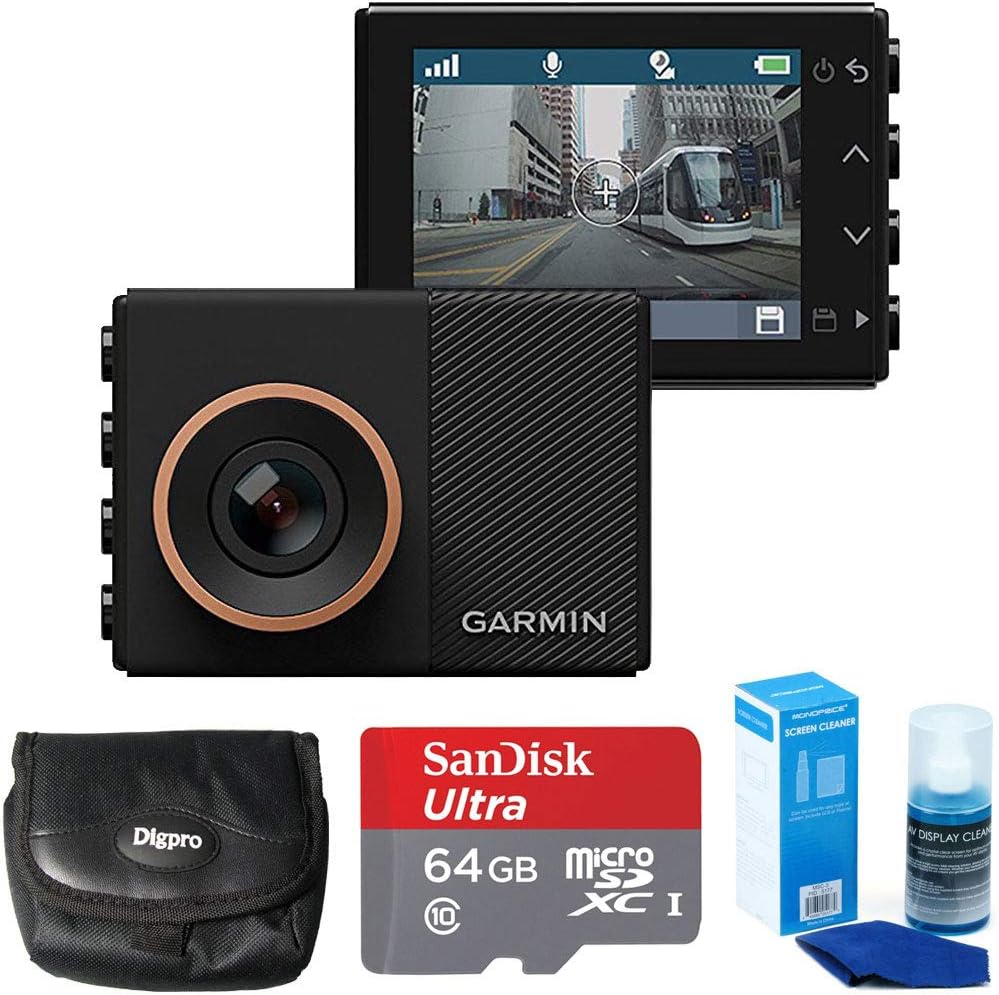 Garmin Dash Cam 55 Wide-Angle Lens and Car GPS Location Data Driving Recorder Bundle with 64GB Memory Card, Point and Shoot Field Bag Camera Case and Universal Screen Cleaner for LED TVs