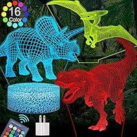 FEOAMO 3D Dinosaur Night Light for Boys, 16-Colors and 3-Pattern with Remote Control, Dino Night Light, 3D Illusion Toy Lamp Nightlight, Gift for Boys Aged 4 5 6 7 8