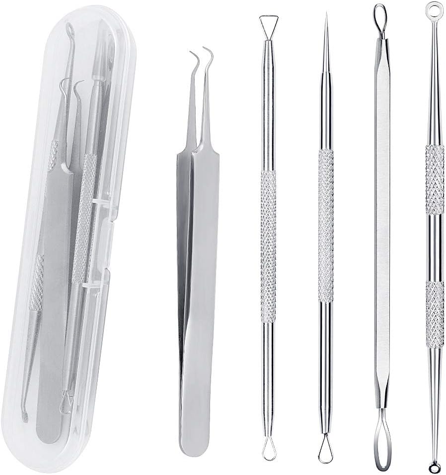 SHW 5Pcs Blackhead Remover Tool Set with Case - Stainless Steel Acne Extractor