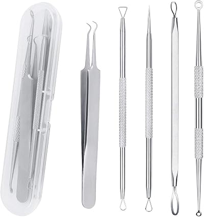 SHW 5Pcs Blackhead Remover Tool Set with Case - Stainless Steel Acne Extractor