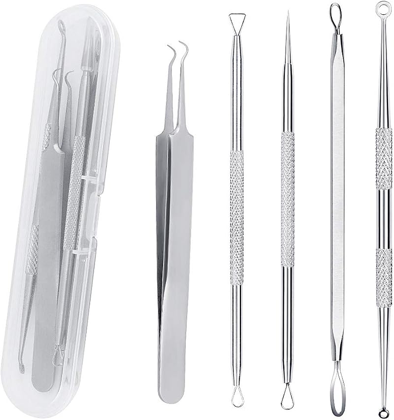 SHW 5Pcs Blackhead Remover Tool Set with Case - Stainless Steel Acne Extractor