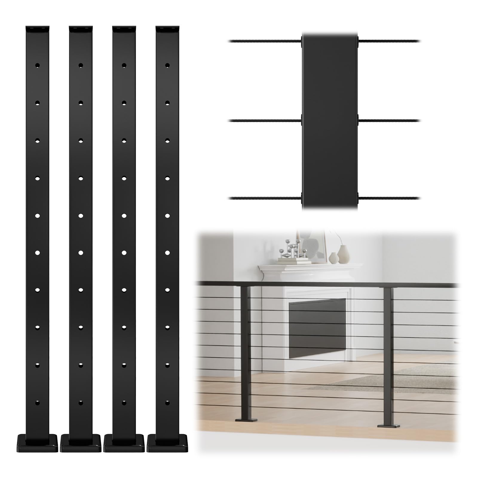 Photo 1 of Muzata 4Pack Black Cable Railing Post 36 Inch 36"x2"x2" Level Drilled Surface Mount T304 Stainless Steel Cable Railing System Kit Indoor Outdoor with Paper User Guide PS02 BH4S