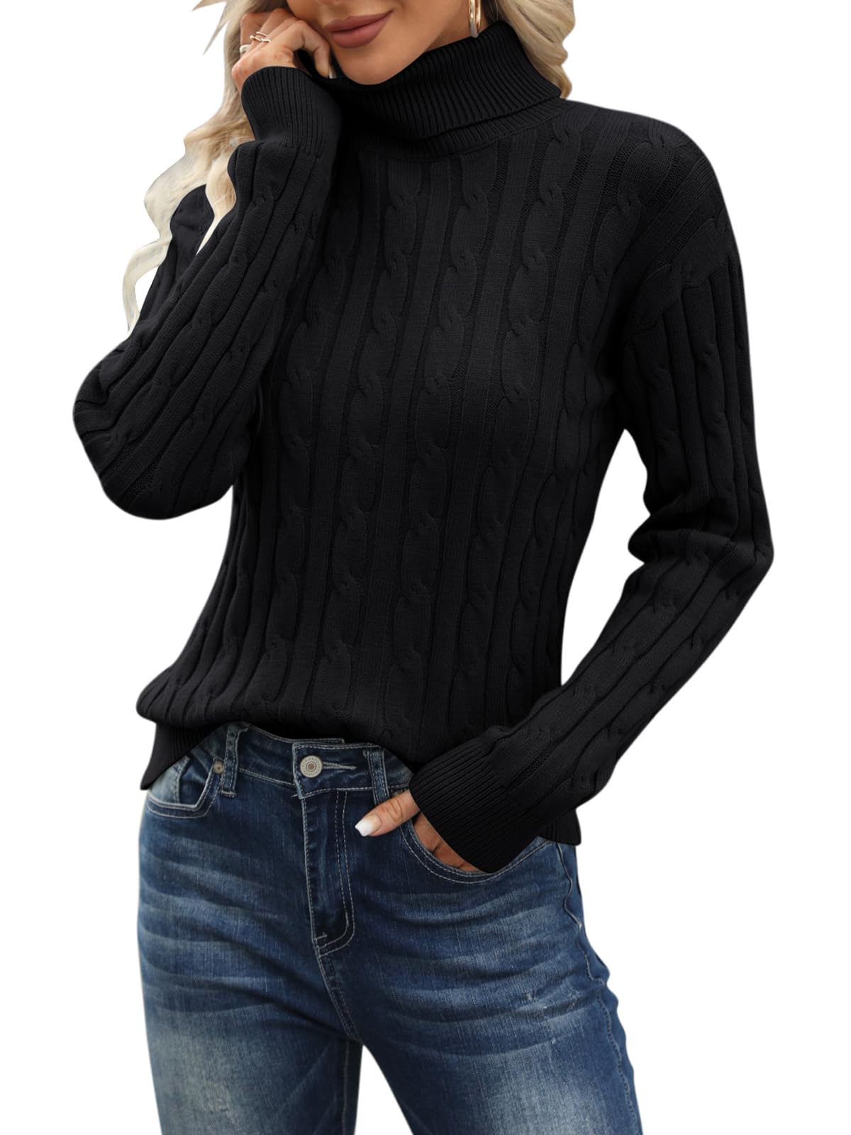 Esobo Women's Long Sleeve Turtleneck Cozy Cable Knit Fall Sweater Casual Pullover Jumper Tops (Black,XX-Large) Image
